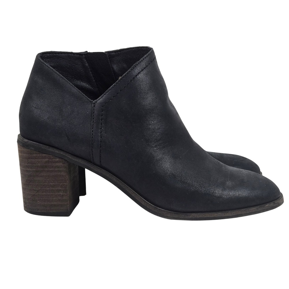 Lucky Brand Panally Leather Ankle Boots Black 8M Block Heel Zip Booties Boho EUC